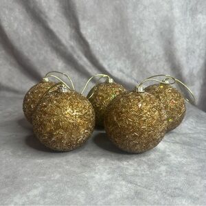 Set of 5 Christmas Ornaments Round Gold Beaded With Hanging Cord Attached